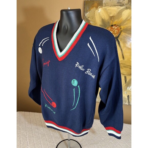 Vintage Quantum Sportswear Golf Themed Embroidered Striped Sweater Men’s Size L - Picture 4 of 16